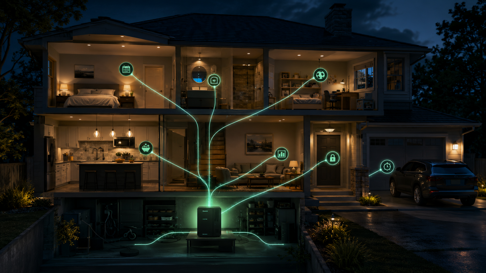 A single local runtime coordinates calendars, household devices, sports, nutrition, finance, and travel across one connected home.