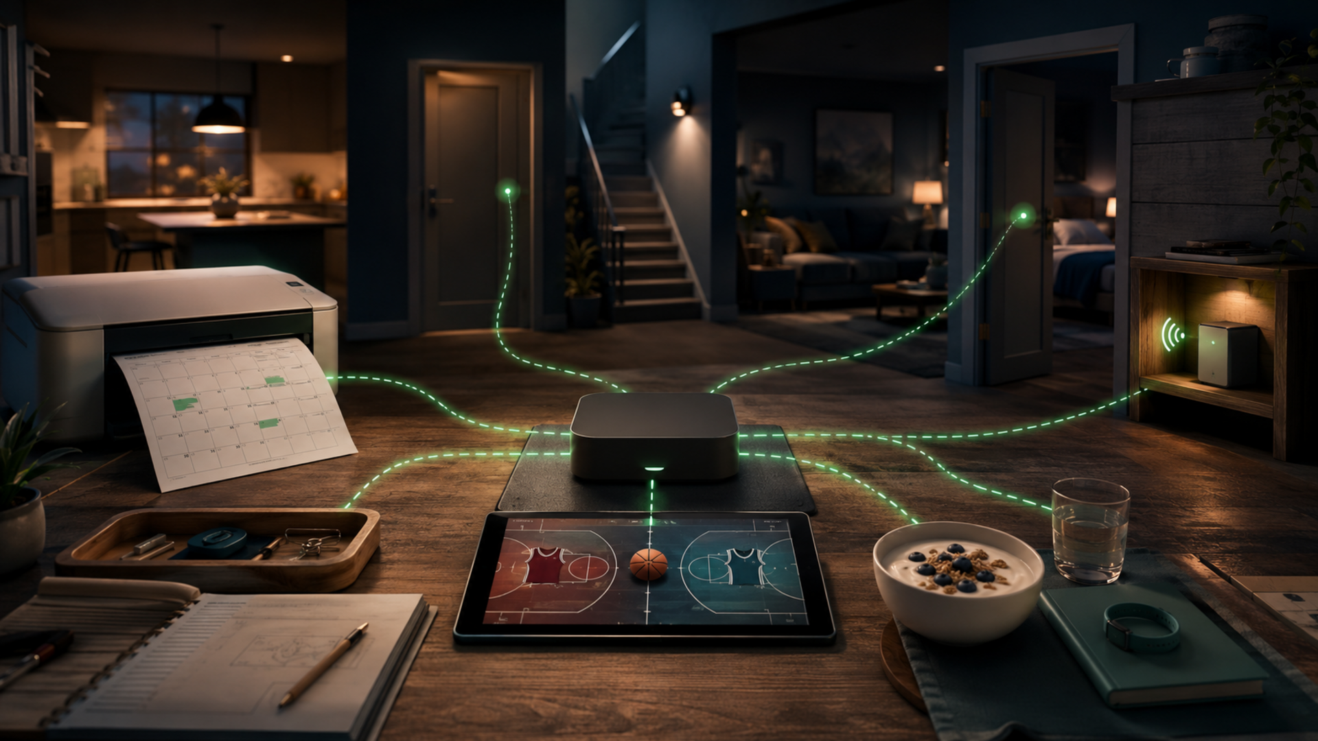 A printable calendar, sports scouting, nutrition logging, inventory checks, and nighttime home control all emerge from the same runtime.