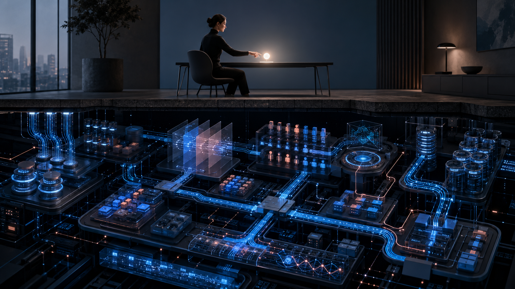 A simple operator interaction sits above the integration, normalization, context, identity, and reliability infrastructure required to make the answer possible.