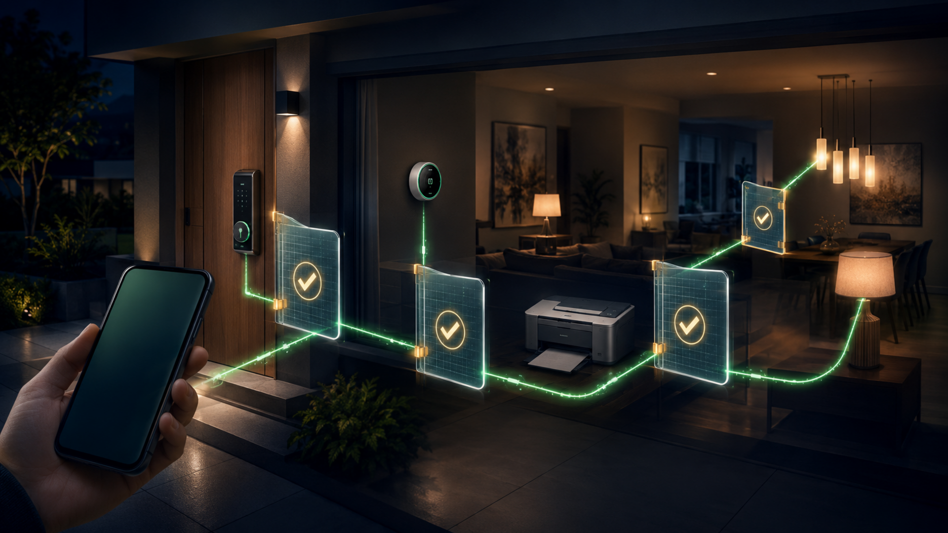 Scheduled actions can reach real household actuators, but approval gates stop locks, thermostats, printing, and lighting changes until a person authorizes them.
