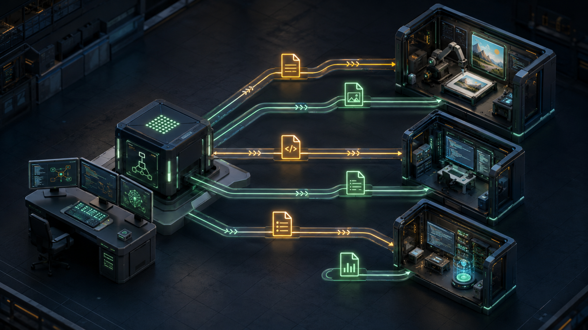 One runtime delegates image, code, and research work to specialized models, then receives each finished artifact through the same return path.